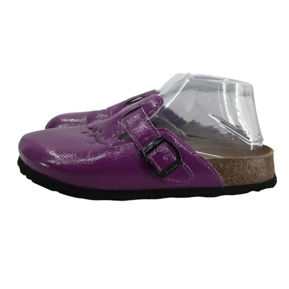 Betula Birkenstock Purple Slip On Leather Clogs Size 38 US 7 Flower Perforated - Picture 5 of 13